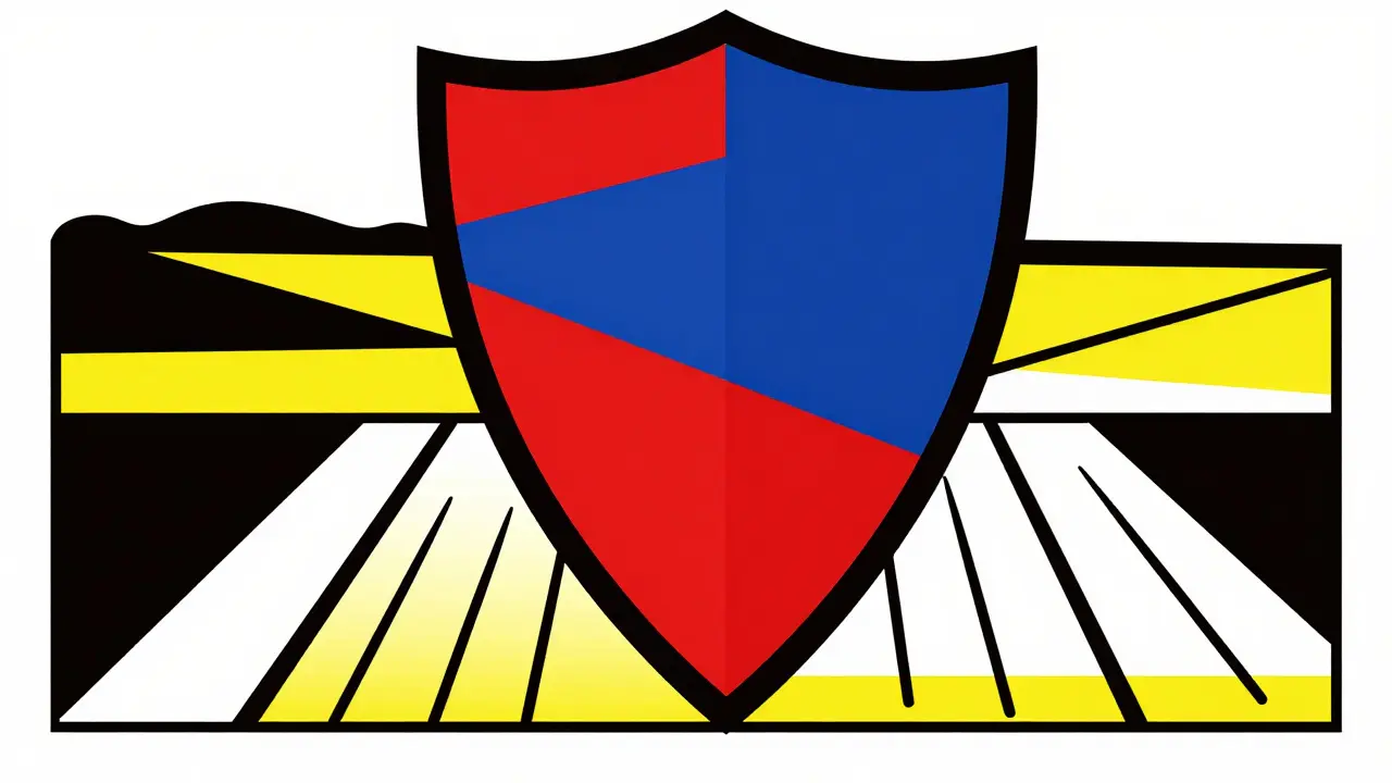 Uno scudo astratto rosso protegge un campo agricolo diviso in quadrati geometrici.