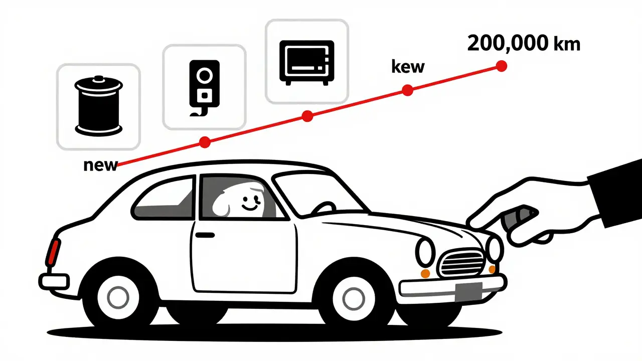 Vecchia auto in servizio con icone minimali di manutenzione e timeline geometrica in stile De Stijl.