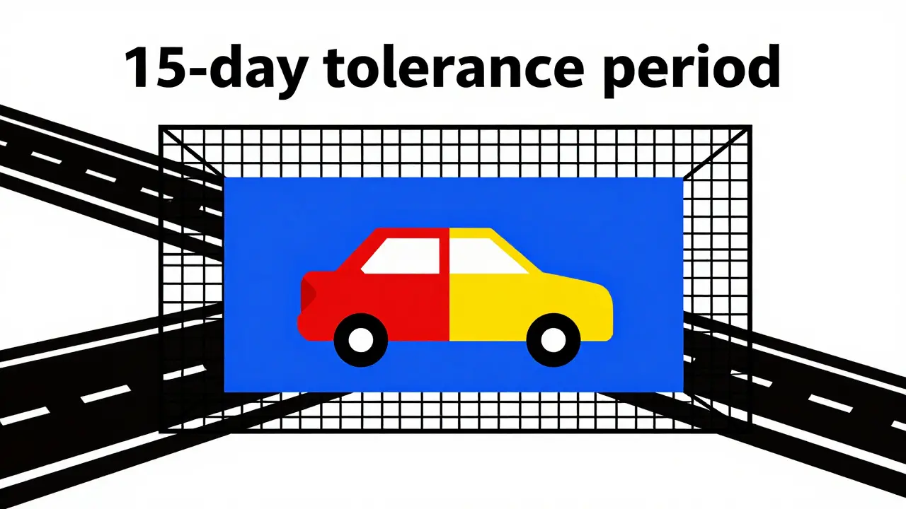Auto stilizzata in uno spazio blu che rappresenta il periodo di tolleranza di 15 giorni in stile De Stijl.