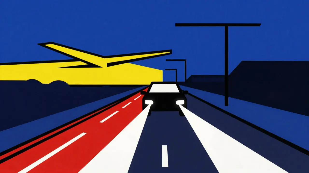 Auto su strada extraurbana con luci attive in stile De Stijl