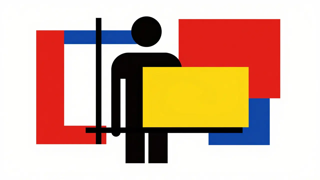 Composizione astratta De Stijl che simboleggia la sicurezza e il recupero medico.