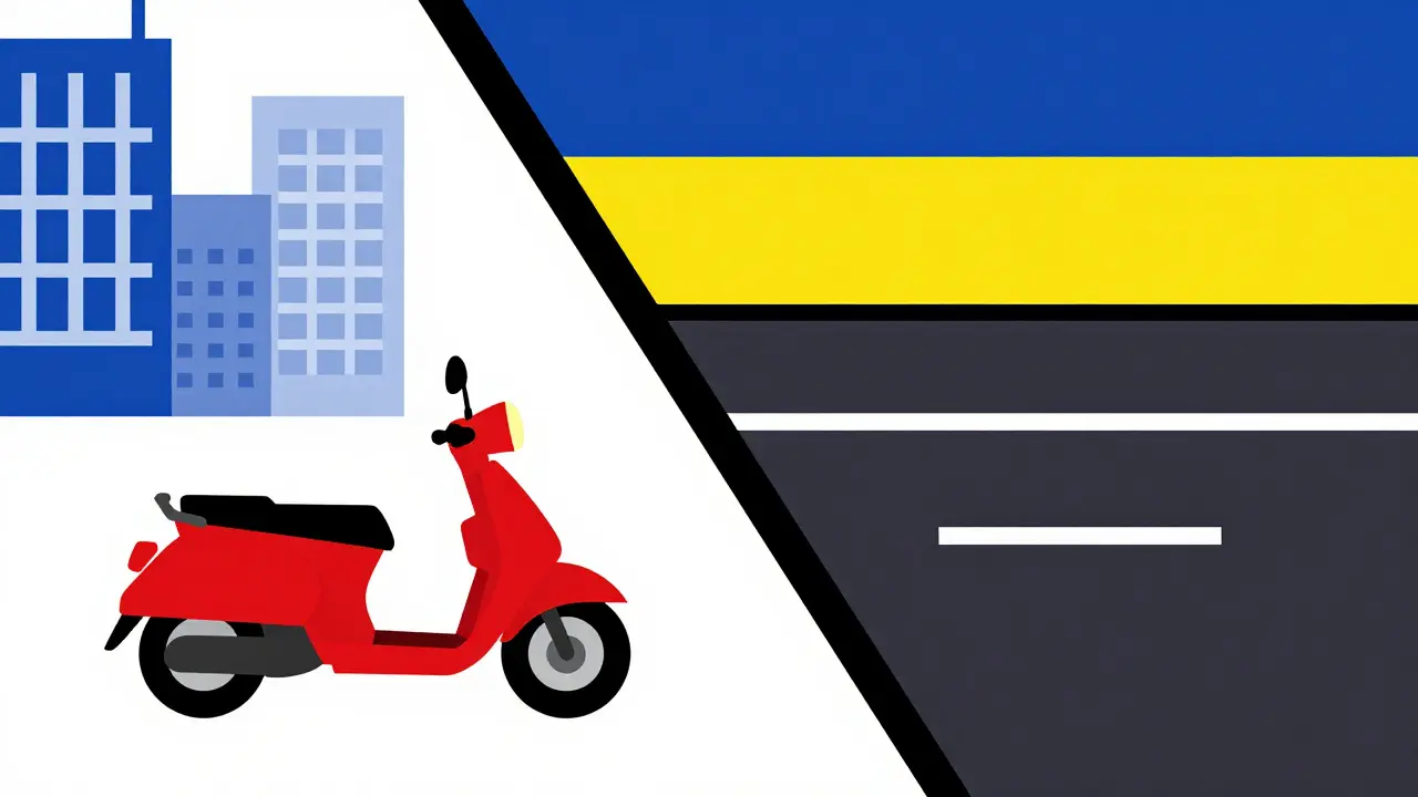Composizione astratta De Stijl di uno scooter rosso che passa dalla città all'autostrada.