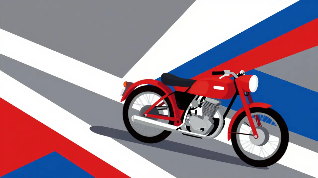 Composizione astratta in stile De Stijl di moto d'epoca in movimento su una strada.