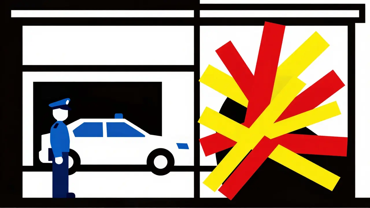 Composizione geometrica De Stijl che rappresenta i rischi legali e gli incidenti senza assicurazione.