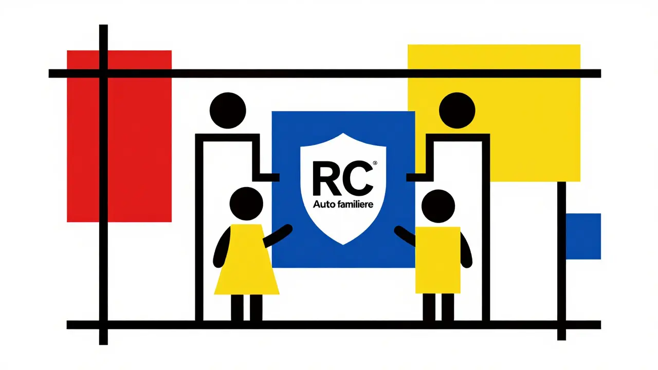 Composizione geometrica De Stijl che rappresenta il nucleo familiare e la protezione assicurativa.