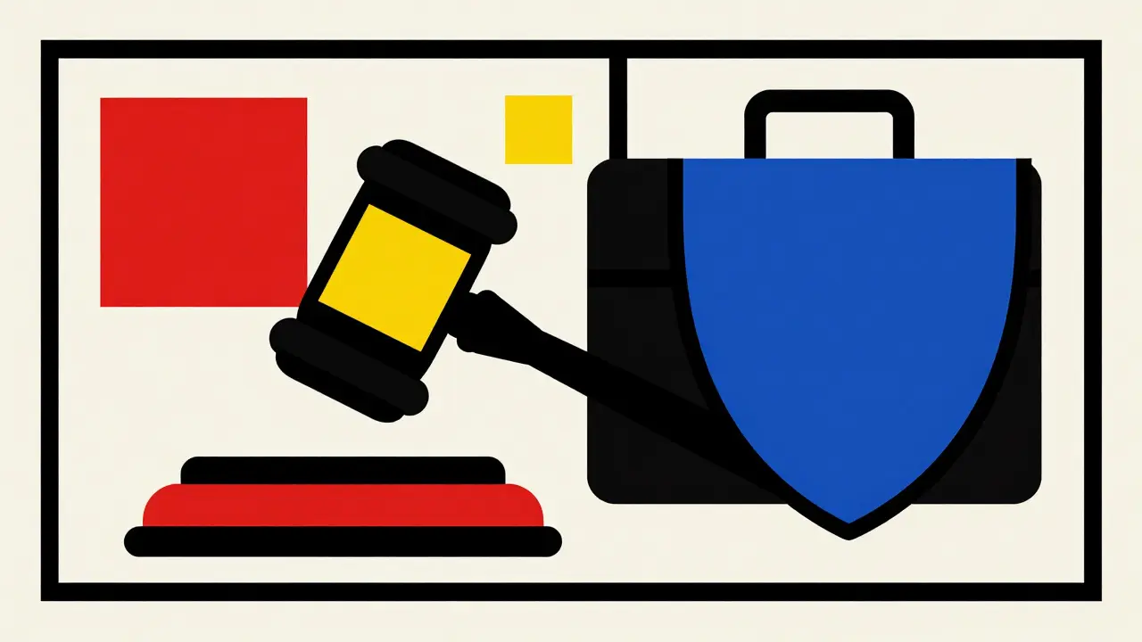 Composizione geometrica De Stijl che rappresenta la difesa legale e l'assicurazione.