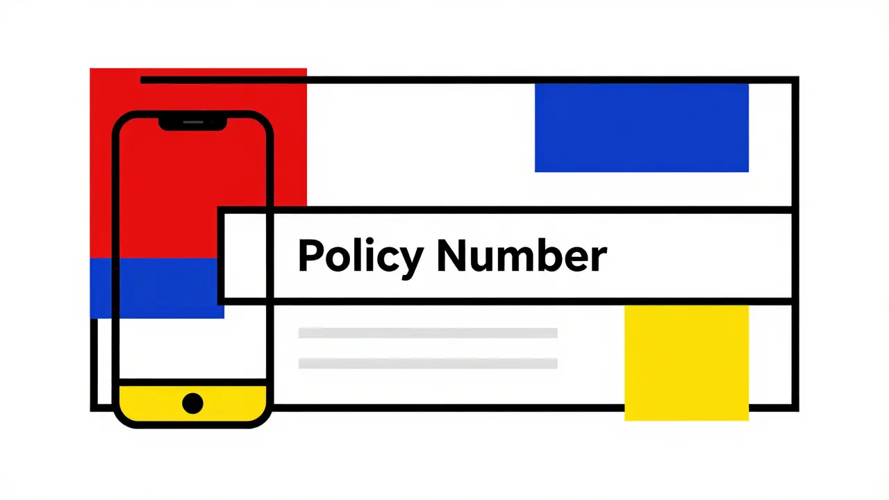 Composizione geometrica De Stijl che rappresenta la ricerca di documenti assicurativi su smartphone e carta.