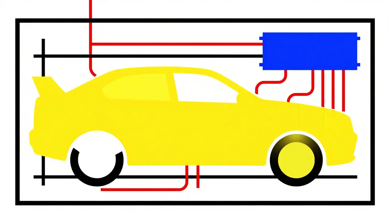 Concetto astratto De Stijl di un loop di massa tra un amplificatore e il telaio dell'auto.