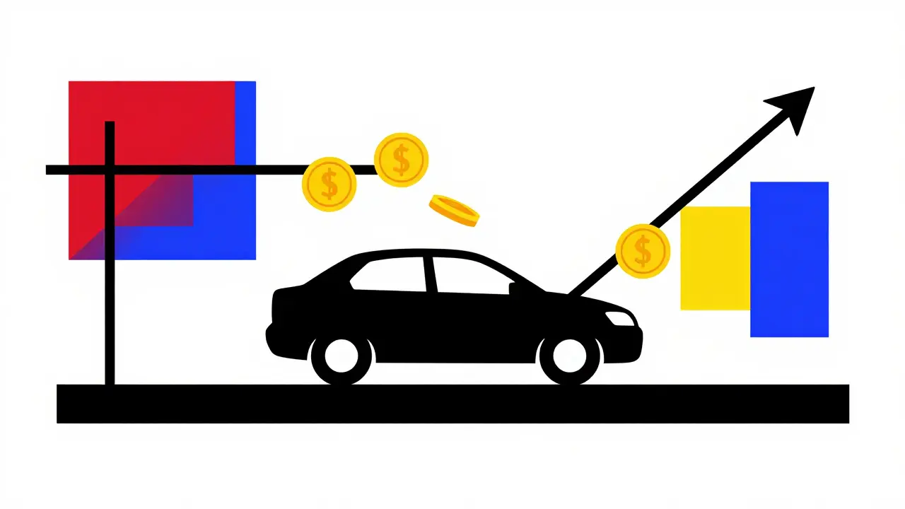 Concetto di pagamento a consumo con auto e forme geometriche colorate.