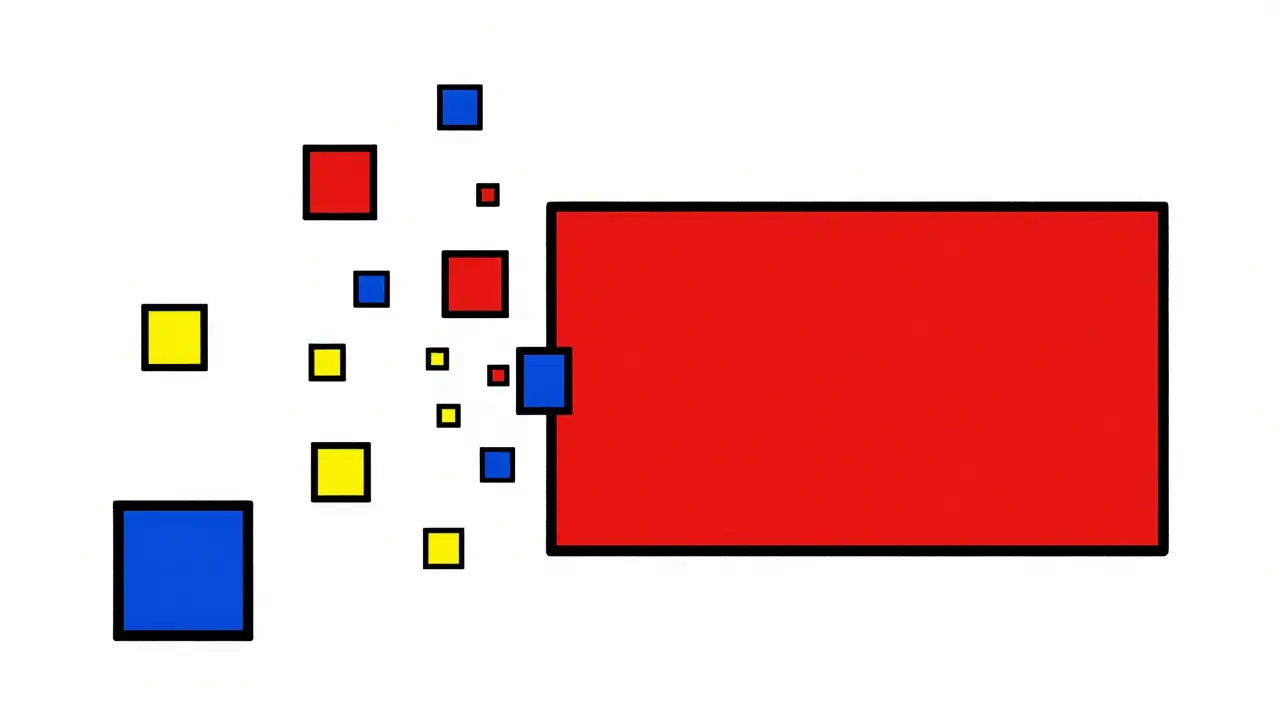 Concetto geometrico De Stijl che rappresenta l'unificazione di più polizze assicurative.