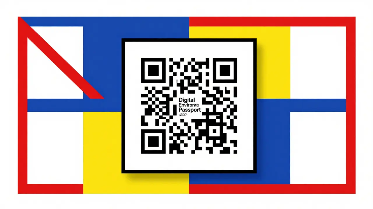 Concetto geometrico di passaporto ambientale digitale con codice QR in stile De Stijl.