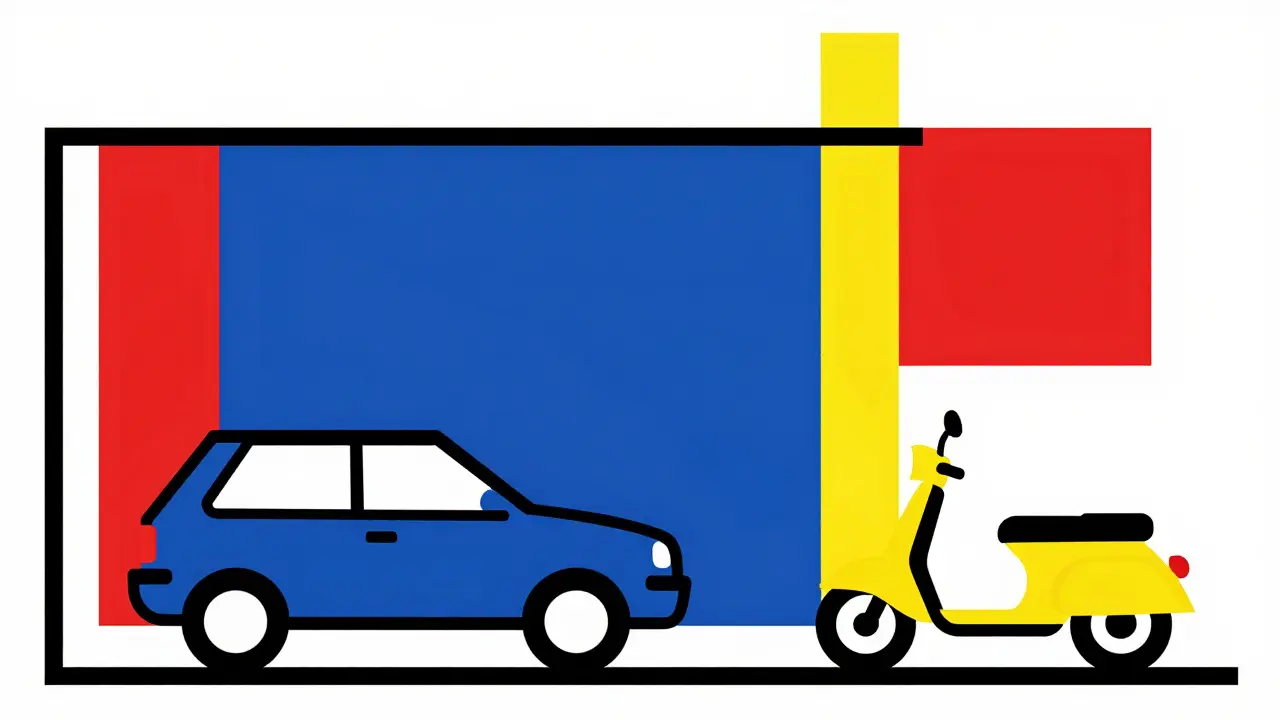 Confronto geometrico in stile De Stijl tra lo spazio occupato da un'auto blu e uno scooter giallo.
