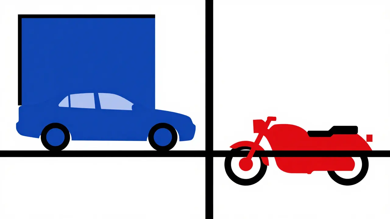 Confronto geometrico tra la protezione di un'auto e la vulnerabilità di una moto.