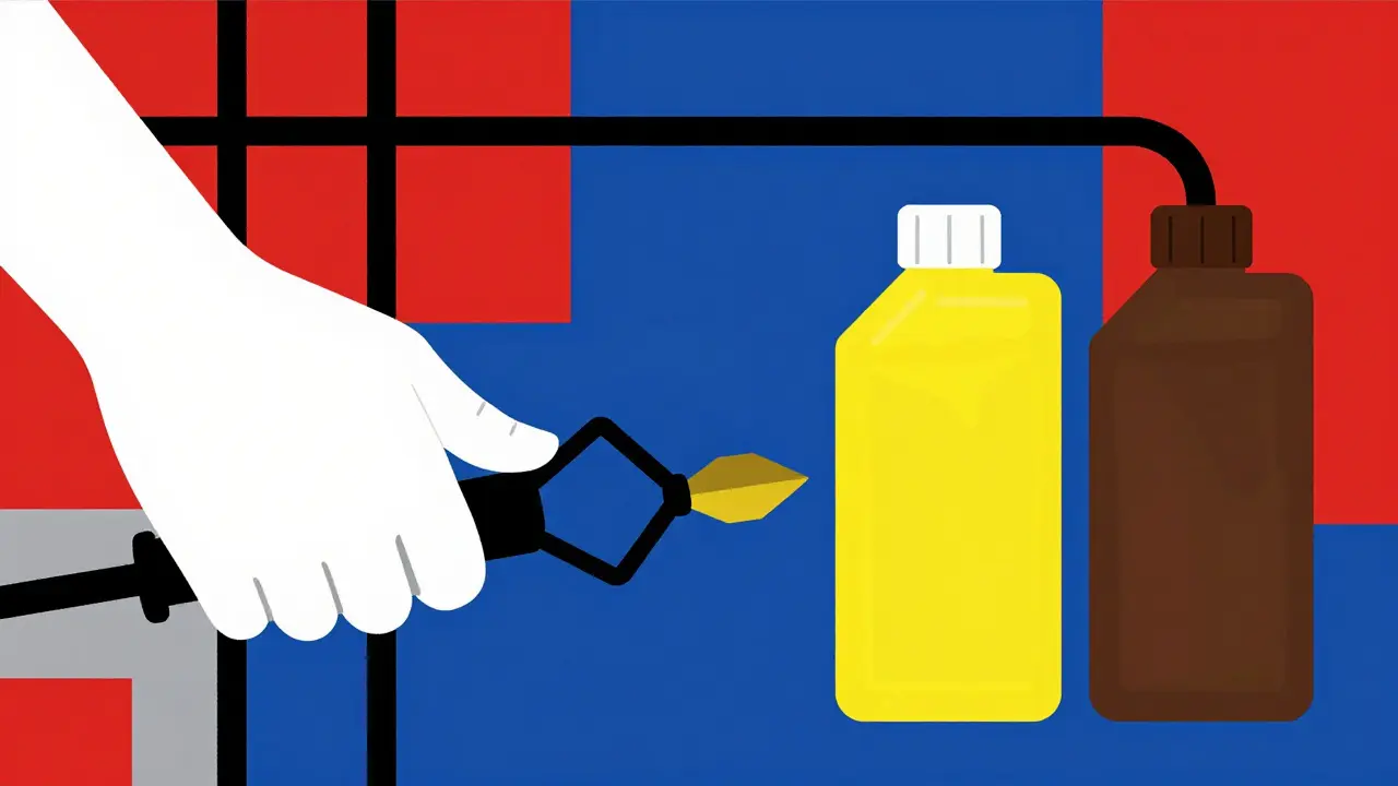 Confronto tra liquido freni pulito e contaminato in stile De Stijl.