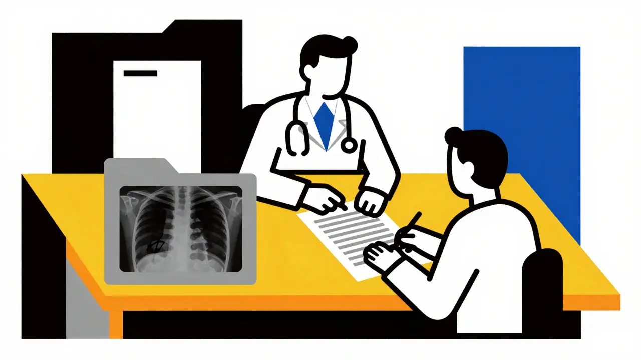 Due medici che analizzano documenti in stile astratto geometrico