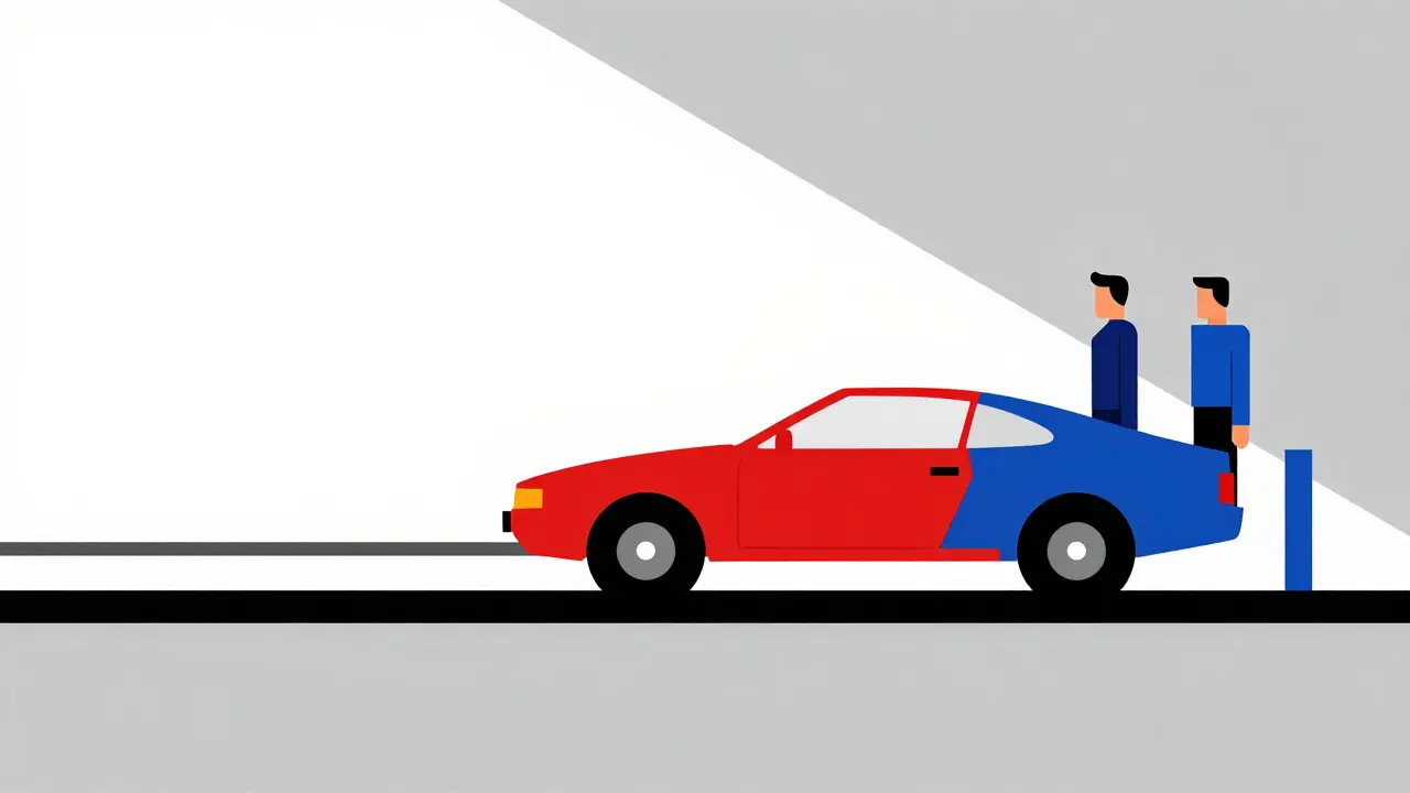 Illustrazione astratta di un'auto durante una prova su strada con il meccanico.