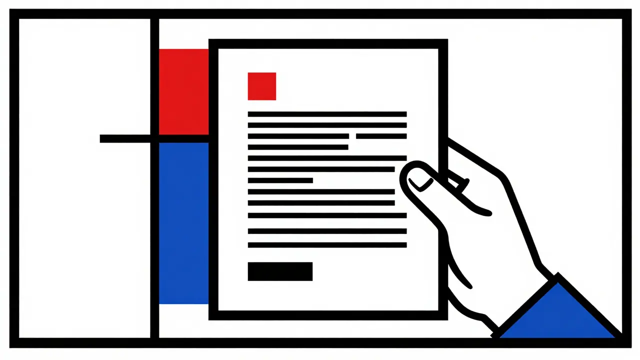 Illustrazione geometrica De Stijl di una mano che analizza un contratto di noleggio.