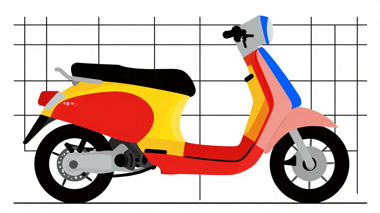 Illustrazione geometrica in stile De Stijl di uno scooter e della sua manutenzione tecnica.