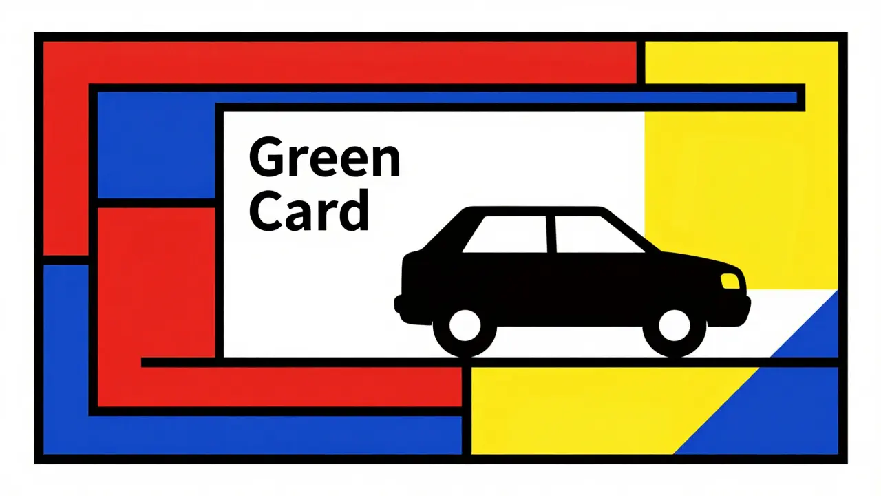 Rappresentazione astratta De Stijl di un'auto che attraversa un confine, simboleggiando la copertura internazionale.