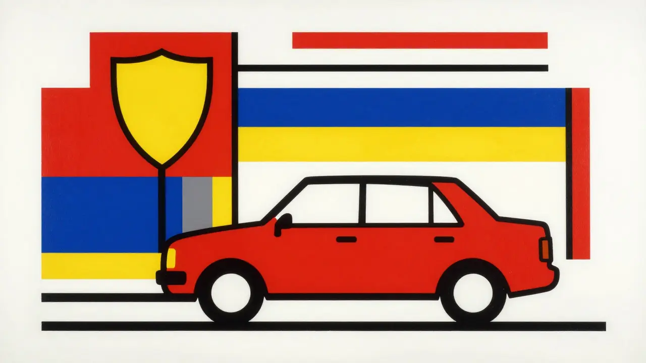 Rappresentazione astratta De Stijl di un'auto, chilometri e protezione assicurativa.