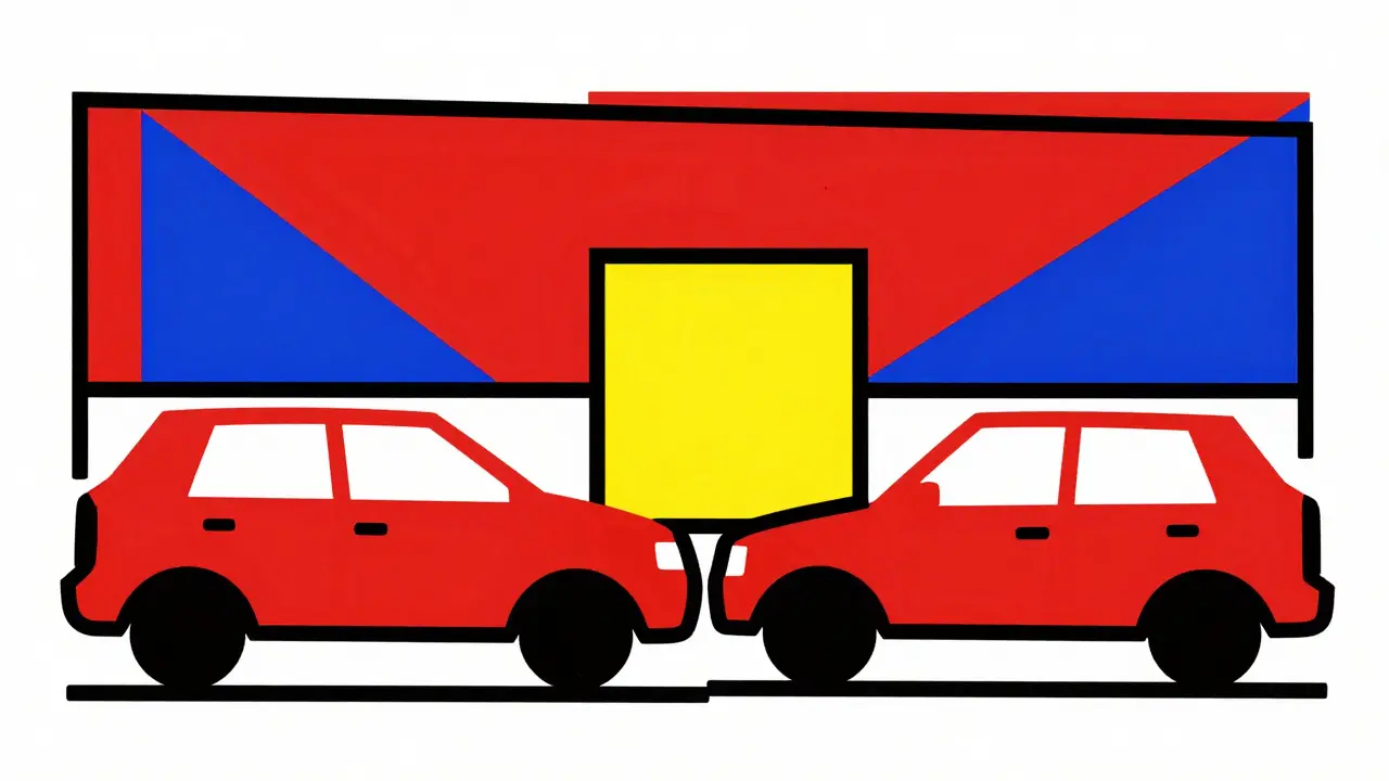 Rappresentazione astratta De Stijl di un incidente stradale e l'assistenza legale.