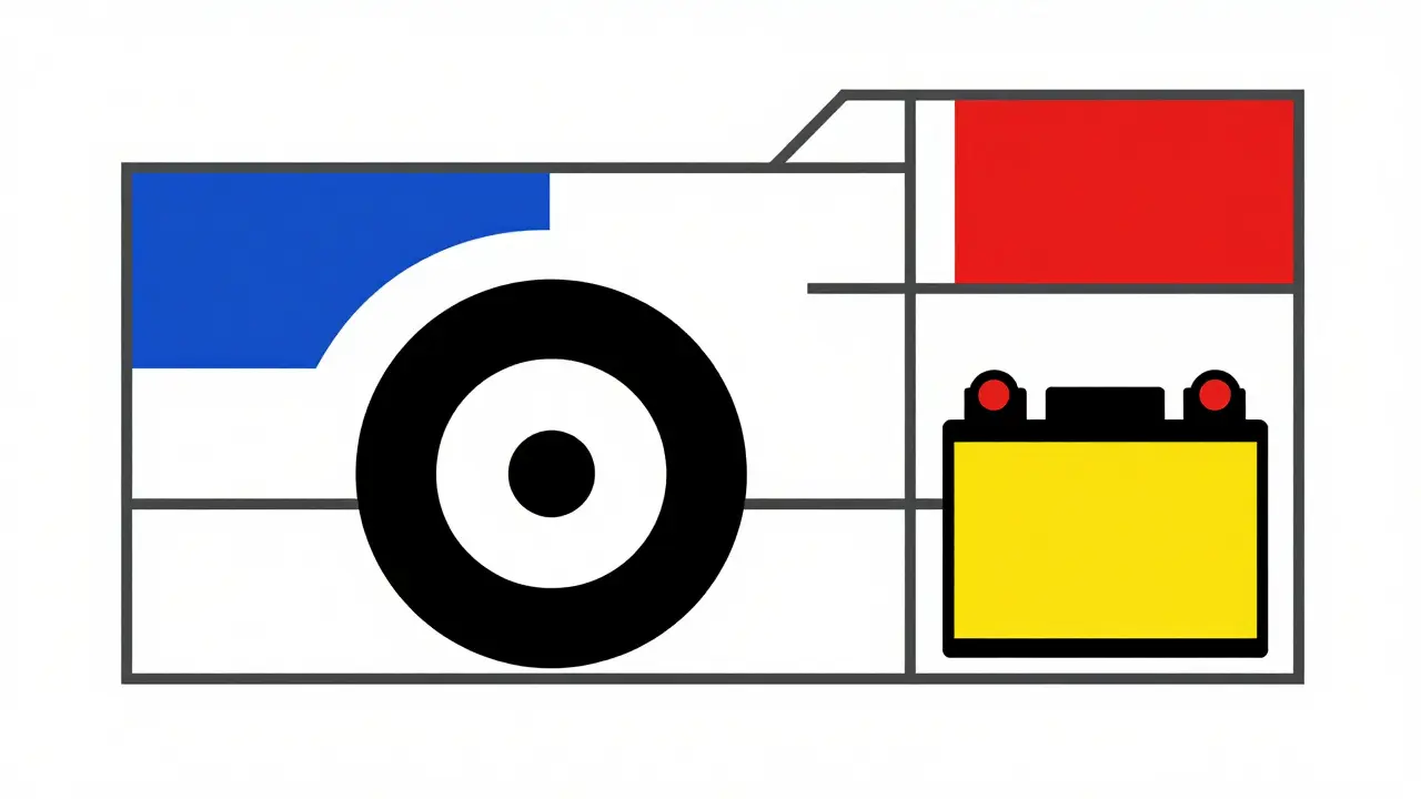 Rappresentazione astratta De Stijl di uno pneumatico invernale e una batteria per auto.