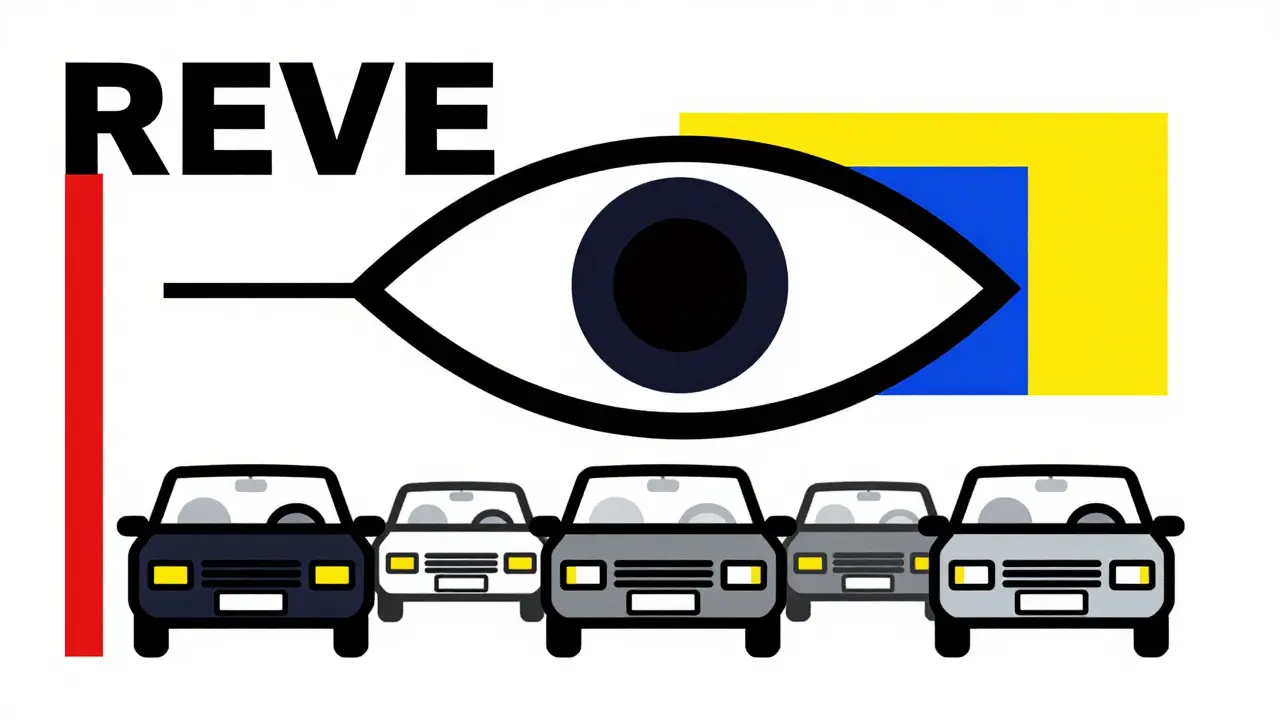 Rappresentazione astratta del registro REVE con auto geometriche.