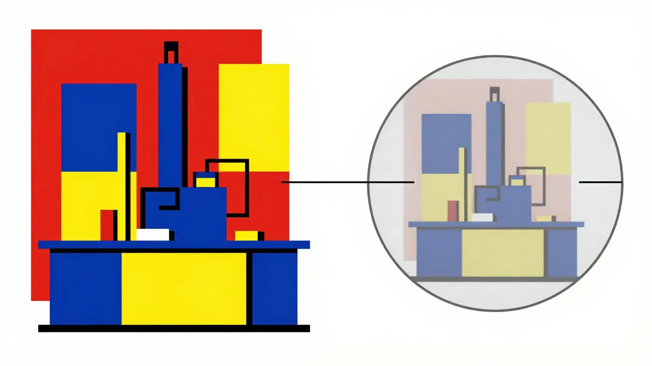 Rappresentazione astratta di un gemello digitale industriale in stile De Stijl con colori primari.