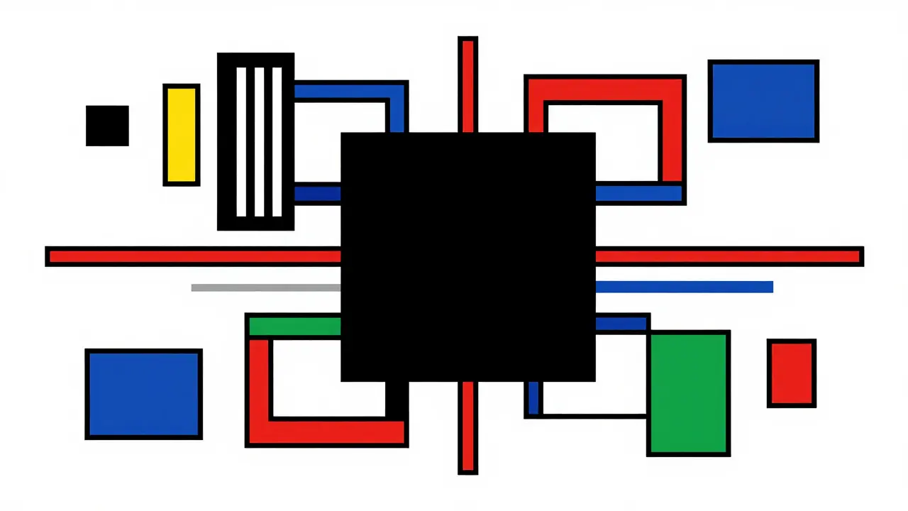 Rappresentazione astratta di una scatola nera GPS in stile De Stijl.