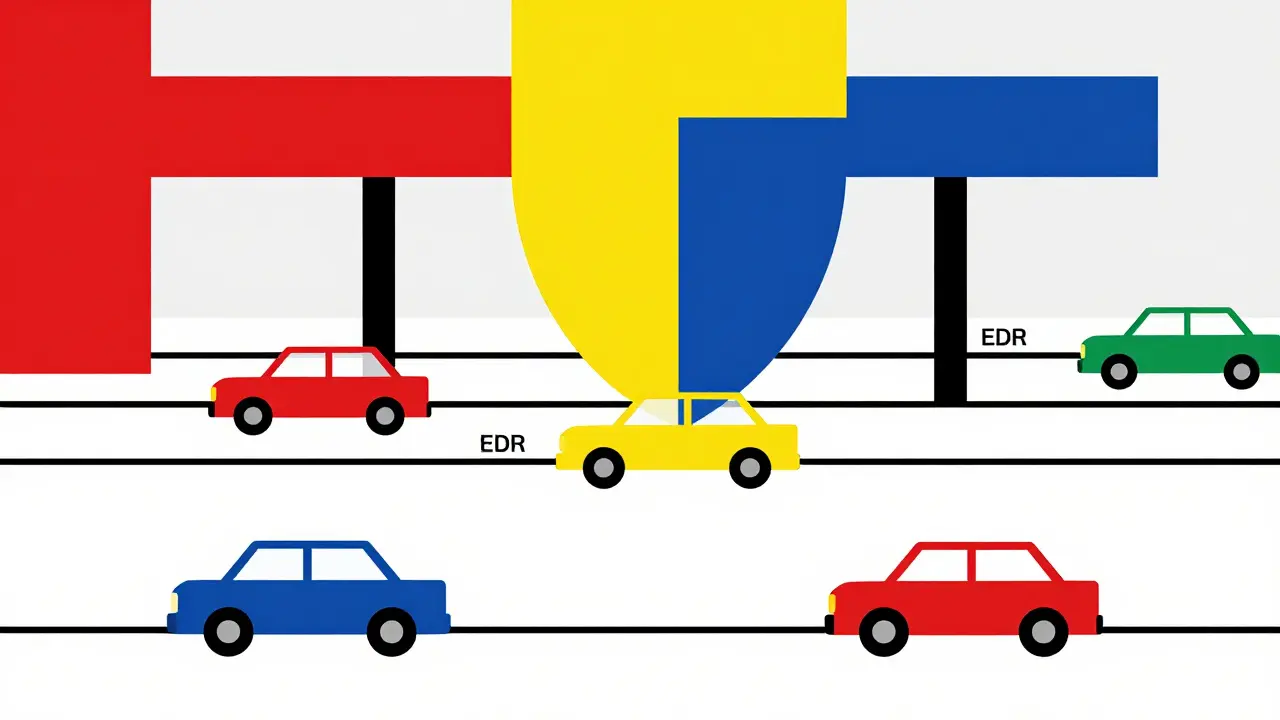 Rappresentazione astratta in stile De Stijl di auto su una strada sicura e tecnologica.