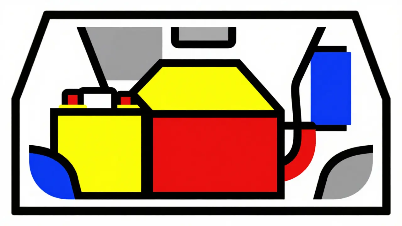 Rappresentazione geometrica astratta di un motore surriscaldato e della batteria.