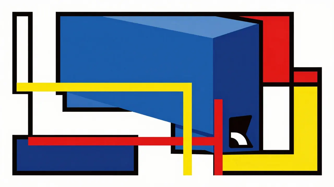 Rappresentazione geometrica De Stijl di un relè elettrico e dei relativi collegamenti.