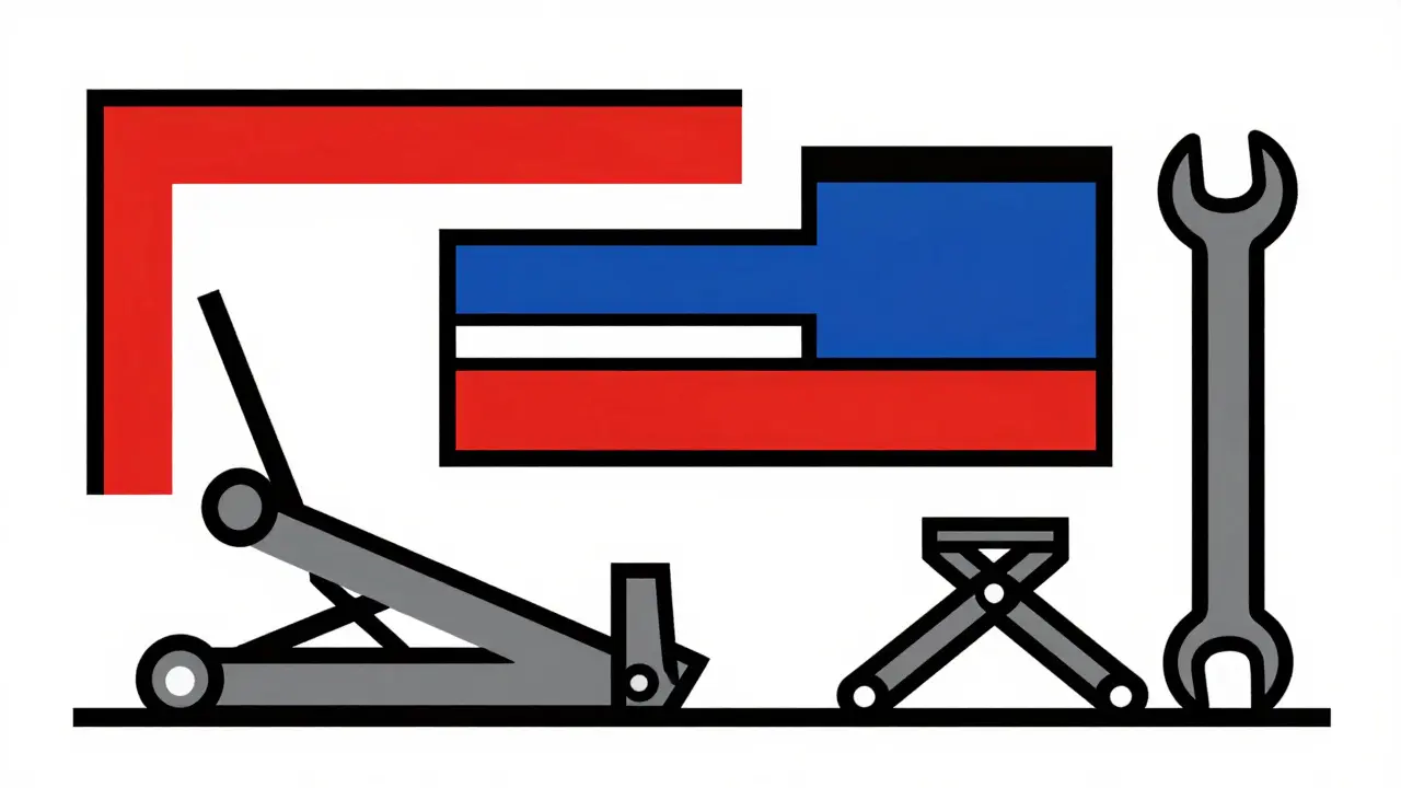Rappresentazione geometrica di cric, cavalletti e chiavi per il garage in stile De Stijl.