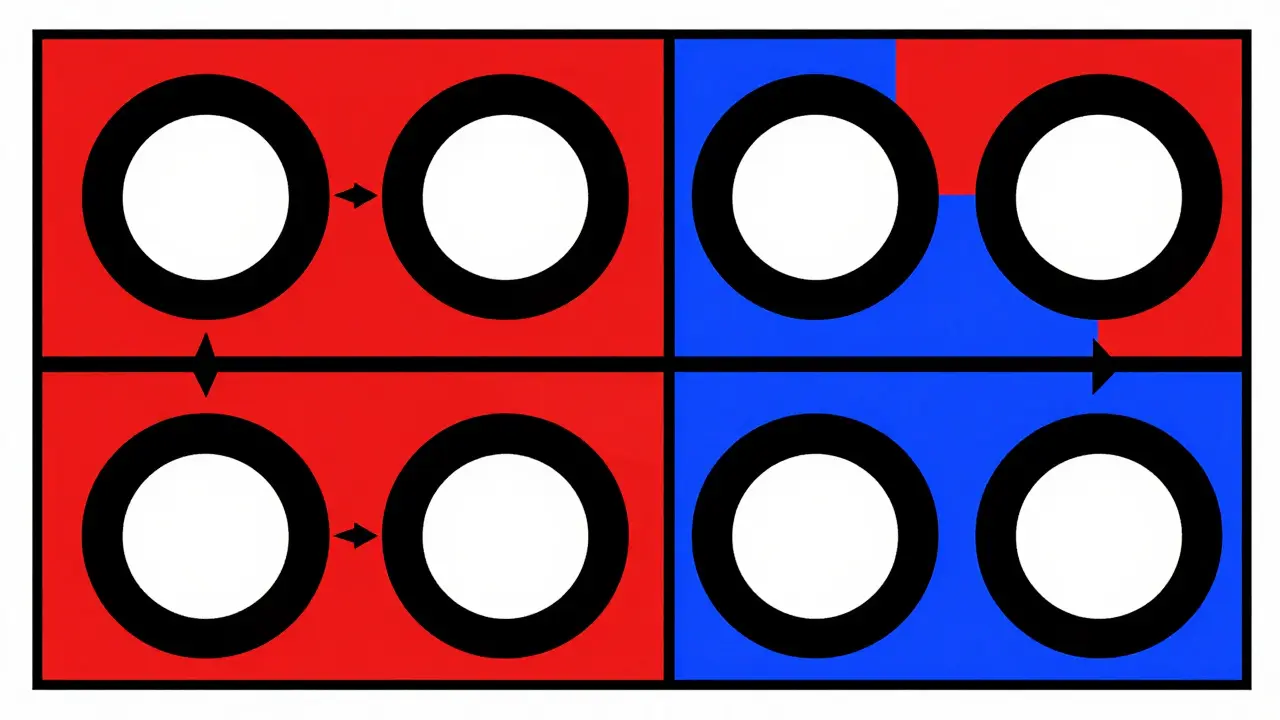 Schema concettuale in stile De Stijl che indica la rotazione delle ruote di un'auto.