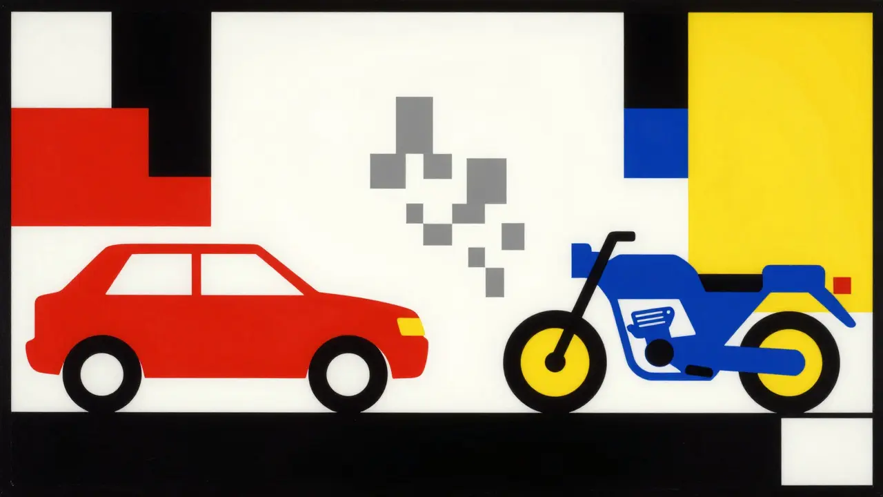 Auto rossa e moto blu collegate da blocchi digitali bianchi