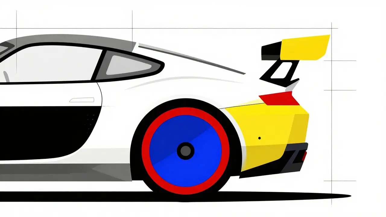 Cerchi e spoiler stilizzati come forme geometriche De Stijl