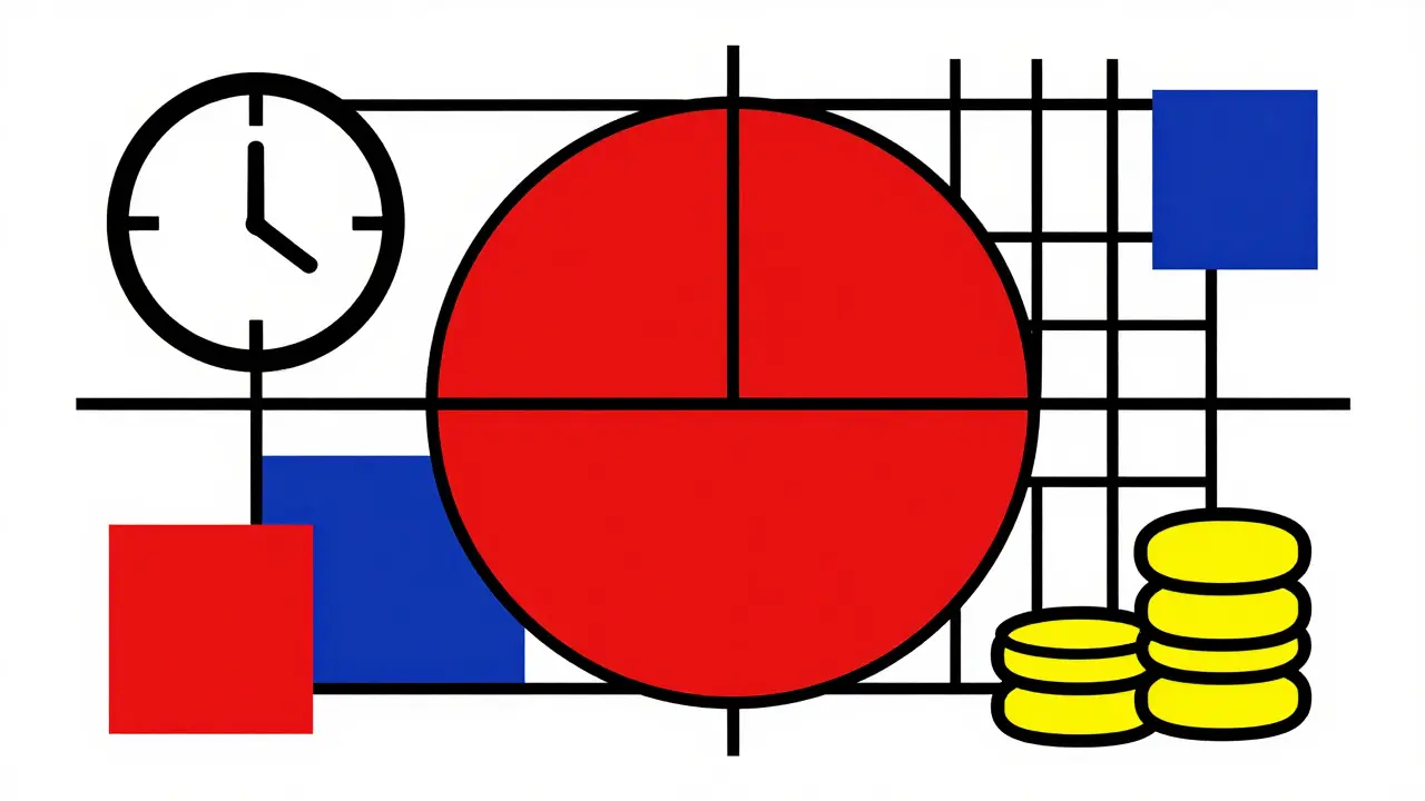 Composizione astratta De Stijl che simboleggia risparmio e velocità nella riparazione.