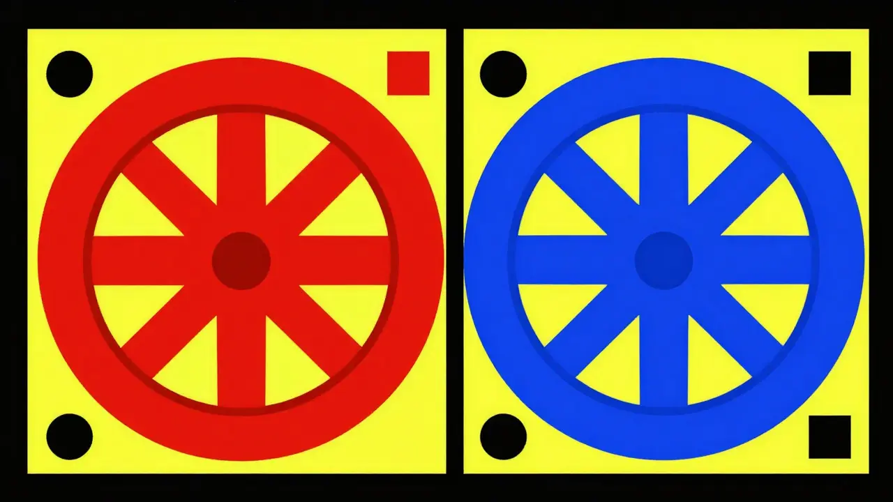 Confronto geometrico tra due set di ruote in rosso e blu, stile De Stijl
