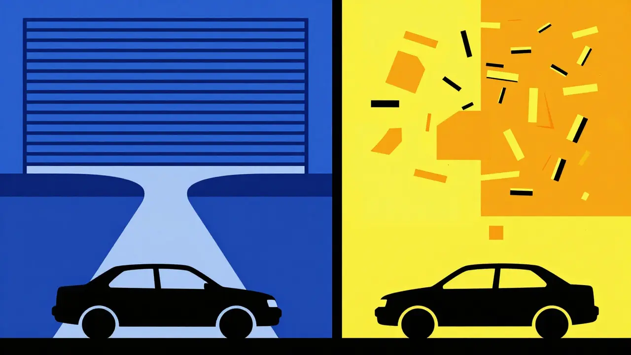 Confronto stilizzato De Stijl tra carrozzeria convenzionata e officina libera.