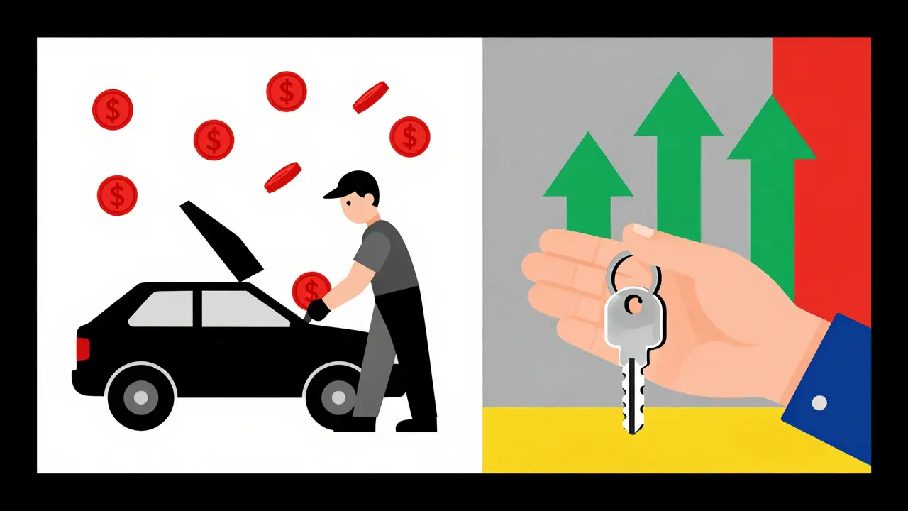 Confronto stilizzato tra costi di riparazione e vendita dell'auto usata.