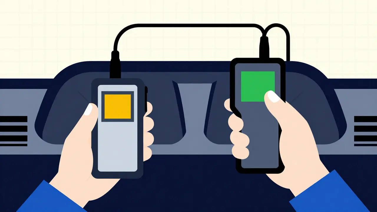 Diagnosi auto con scanner OBD2 illustrata in stile De Stijl