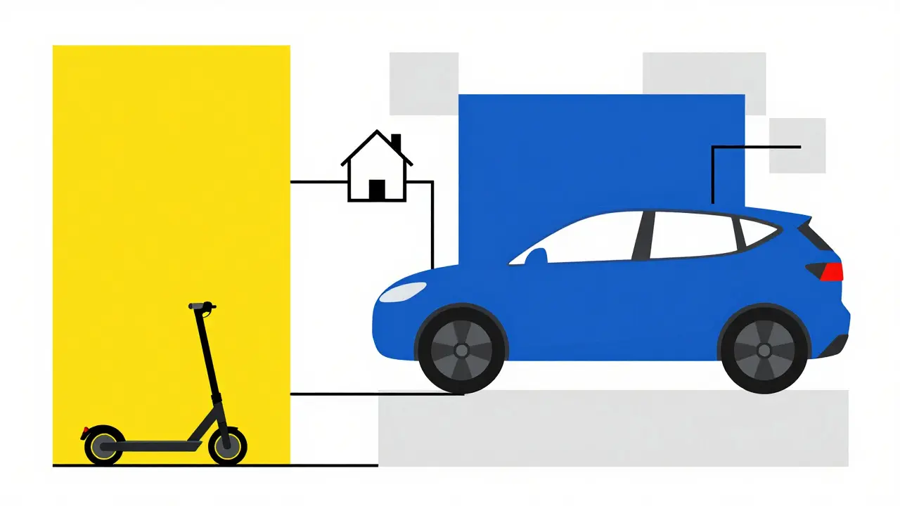 Efficienza elettrica scooter vs auto illustrata in stile De Stijl