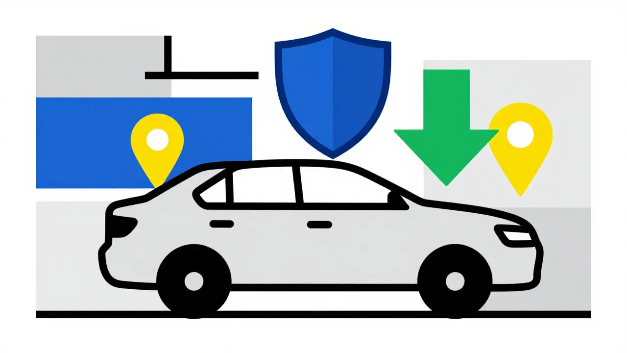 Grafica stilizzata che mostra sicurezza e risparmio assicurativo con forme primarie.