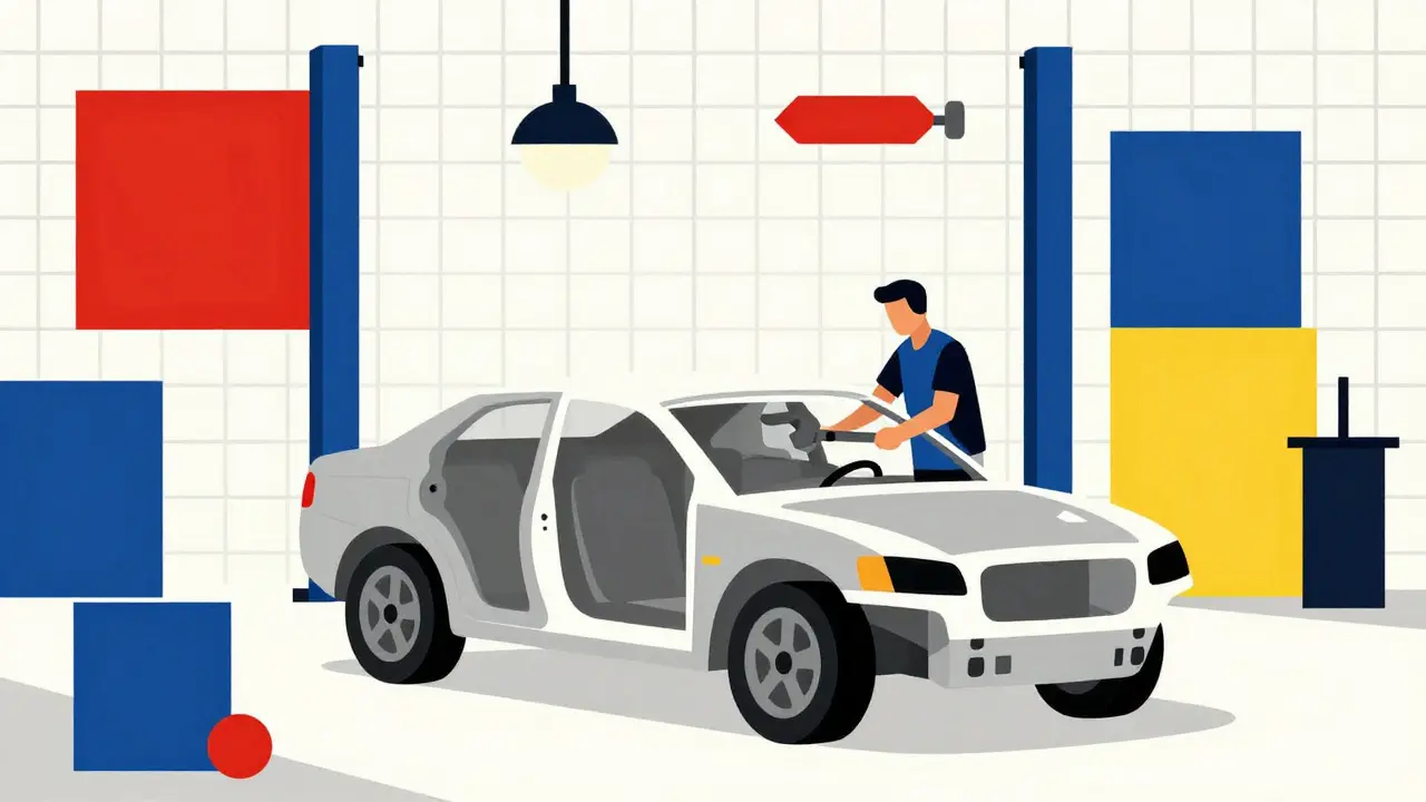 Officina stilizzata De Stijl con focus su componenti di sicurezza critica