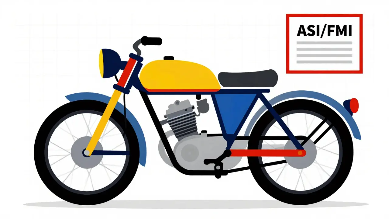 Ricongiunzione moto storica con documenti in stile astratto