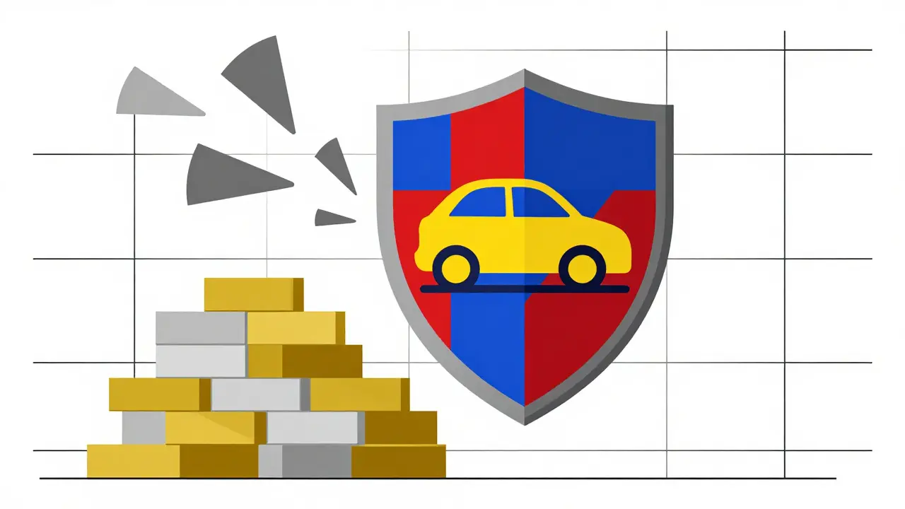 Scudo geometrico che protegge un'auto da rischi finanziari in stile De Stijl