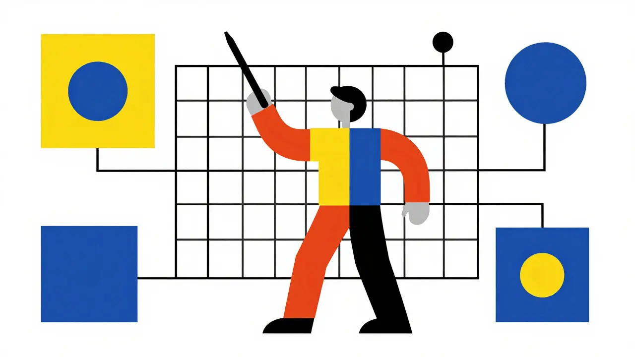 Tecnico stilizzato De Stijl che analizza segnali elettrici complessi