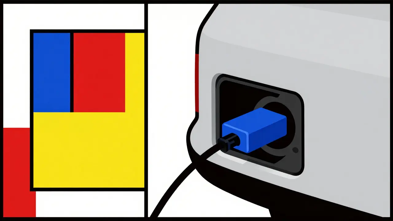 Adattatore OBD2 collegato alla porta auto in stile grafico De Stijl