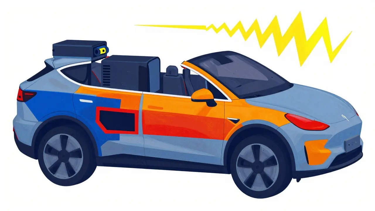 Arte astratta De Stijl che mostra punti caldi termici su componenti auto elettriche con colori primari.
