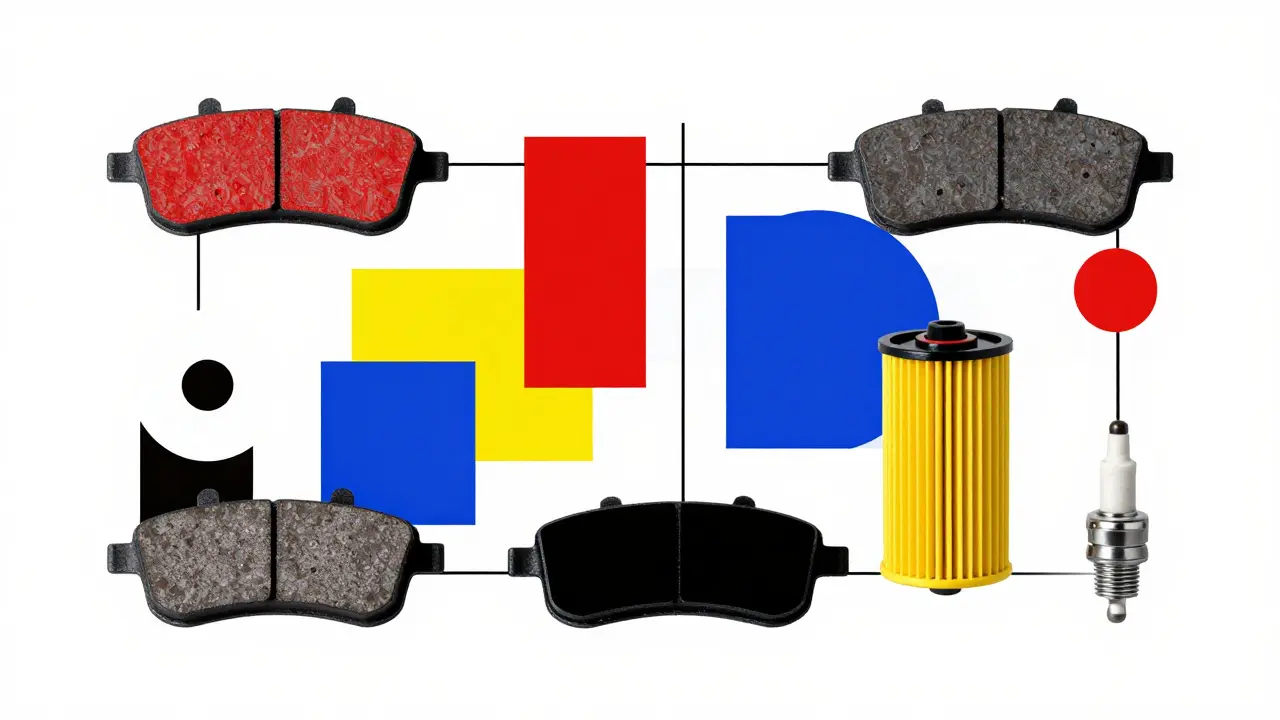Composizione astratta De Stijl di pezzi di ricambio auto con forme geometriche primarie